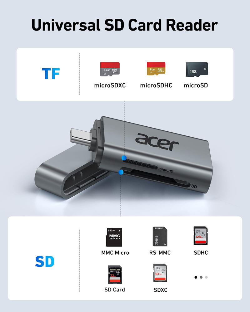 Acer USB C SD 4.0 Card Reader, UHS-II Micro SD Card Reader USB C Supports Dual Card Reading, 2-in-1 Memory SD Card Reader Adapter for SD, SDXC, SDHC, Micro SD, Micro SDXC, Micro SDHC Cards Grey