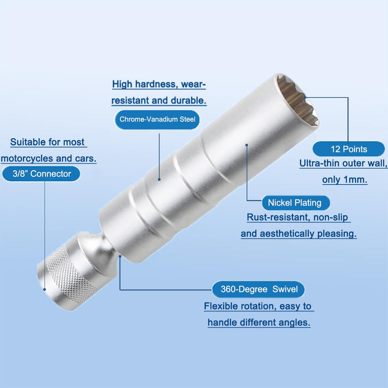 14mm&16mm （9/16"&5/8"） Magnetic Swivel Spark Plug Socket,Thin Wall 12 Points 3/8" Drive Spark Plug Socket,Car Tools,Magnetic Rotating,360-Degree Swivel,Suitable for Most Motorcycle,Car,SUV Short 2PC（14+16mm）