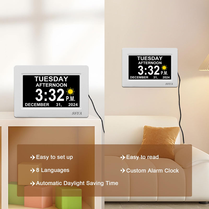 SSYA Digital Calendar Alarm Clock - Dementia Clocks for Seniors, Non-Abbreviated Memory Loss Clock with Date and Time for Elderly (White) 7" White