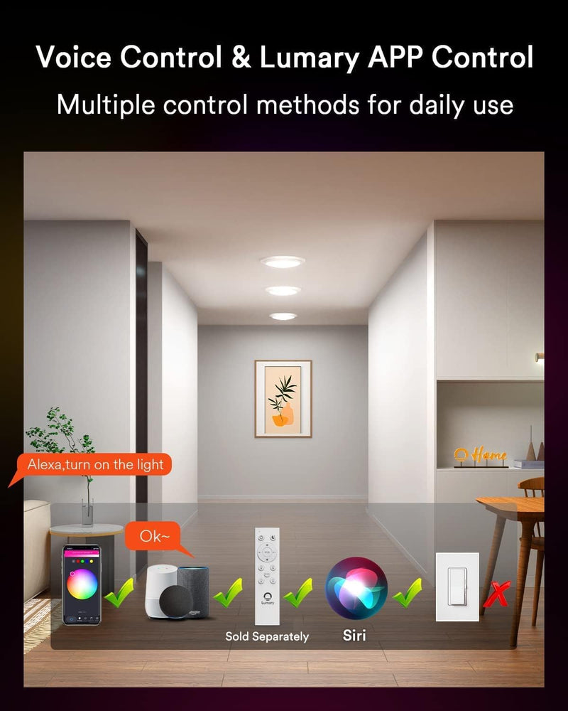 Lumary Smart Flush Mount Ceiling Lights 5/6 Inch, RGBWW WiFi LED Disk Light, Color Changing 2700-6500K Dimmable Recessed Lighting, Surface Mount, Compatible with Alexa/Google Assistant 1 Pack