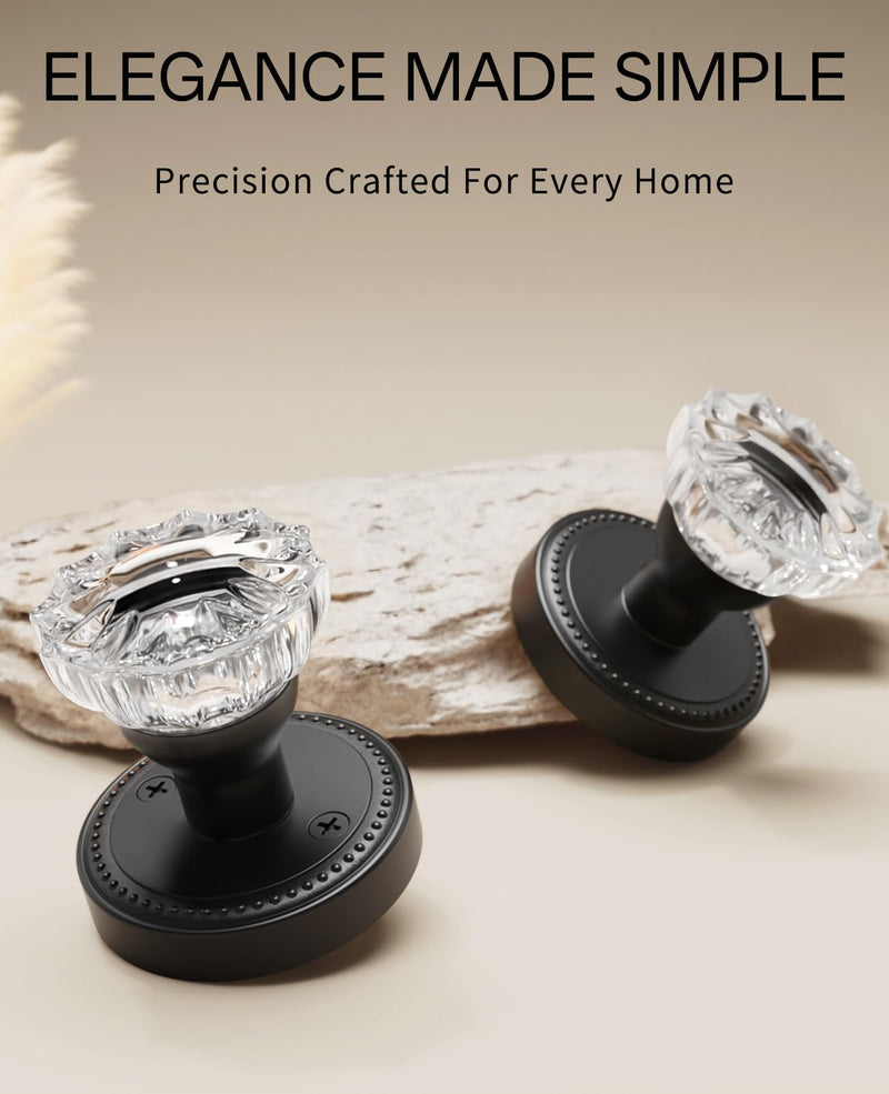 Asidrama 1 Pack Passage Black Crystal Door Knob with Lock, Matte Black Glass Door Knobs Interior for Bedroom or Bathroom, Heavy Duty for Left Right Sided Doors
