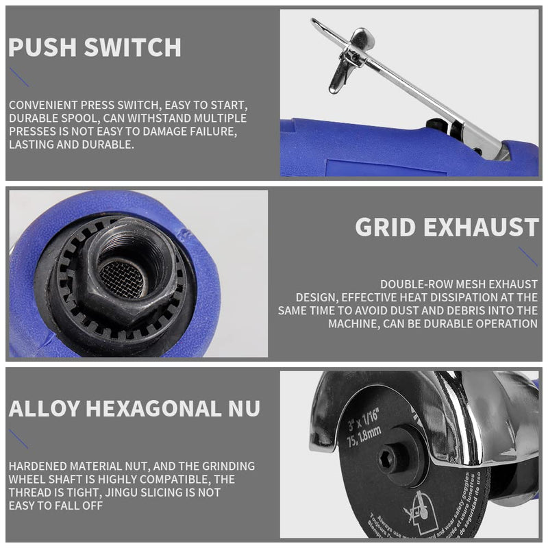 3 Inch Air Cut Off Tool, Equipped with 5-Pieces 3" Cutting Disc Set, Pneumatic Metal Sheet Cutting Tool,2000RPM Blue Machine Set