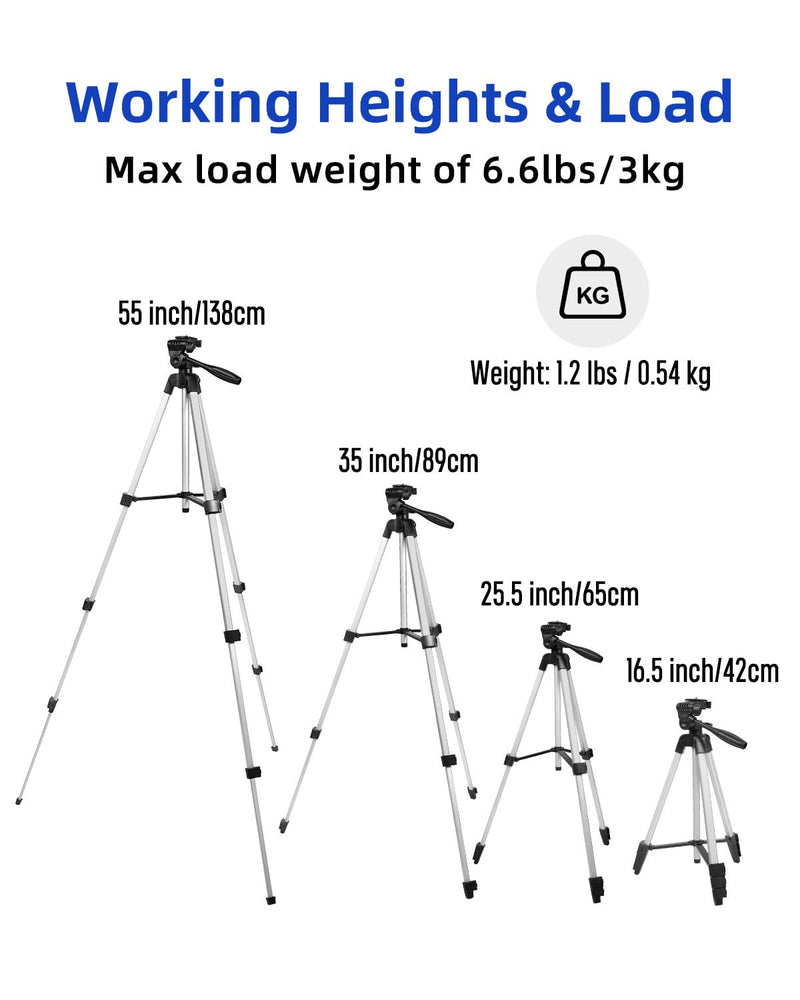 16.5"-55" Aluminum Tripod for Laser Level, 1.2lb Lightweight, 3D Pan Tilt with Bubble Level, Quick Release Plate, Silver 55 inches