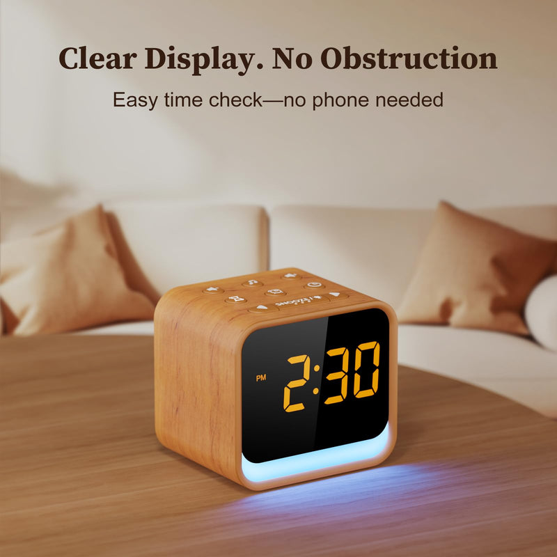 Housbay Wooden Sound Machine Alarm Clock for Bedrooms - Gentle Wake-Up with Birdsong, White Noise for Sleeping, Small Digital Clock for Phone-Free Routine Oak
