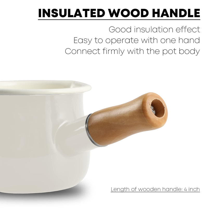 0.6qt Mini Enamel Milk Pot Insulated Wooden Handle 2 Pour Spouts Small Food Warmer Cute Saucepan(D015,White) White