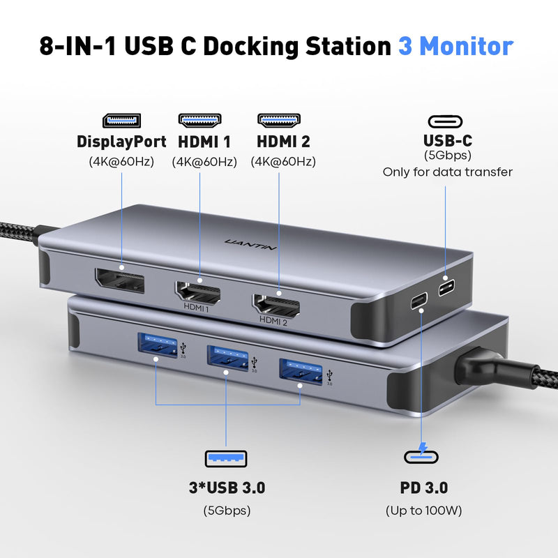 UANTIN Laptop Docking Station 3 Monitors, 8-in-1 USB C Dock with 2 HDMI, DP | USB C Docking Station Dual Monitor with 4K@60Hz HDMI, DisplayPort, USB A & C, 100W PD, USB C Hub Dongle for Dell,HP,Lenovo 11.8inch