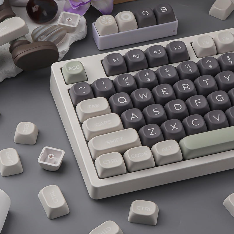 PBT Double Shot Keycaps 131 Keys MOA Profile Keycaps | Minimalist Retro White Grey Green Dye Sub Custom Classic Key Caps for Cherry Gateron MX Switches Mechanical Keyboards