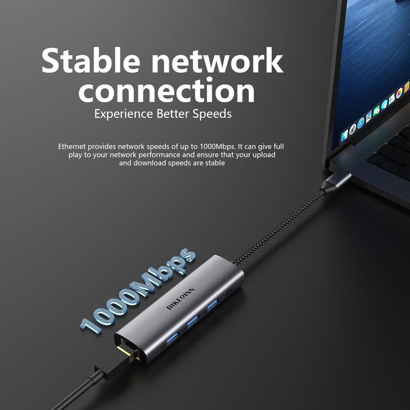 USB 3.0 Hub with Gigabit Ethernet, 3-Port USB-A 5Gbps + USB-C Power Port for MacBook, Dell, HP, Surface (Plug and Play) (USB-C)