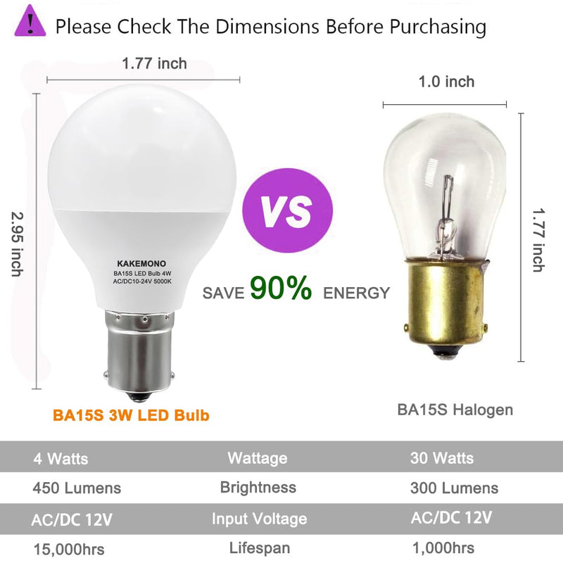 KAKEMONO 12 Volt 1383 1139 RV Led Light Bulbs BA15s 4W 20-99 1141 1156 12V Vanity Replacement for Camper Trailer Motorhomes Marine Boat Interior Lighting, Daylight White 5000K,Pack of 3 5000k Daylight White