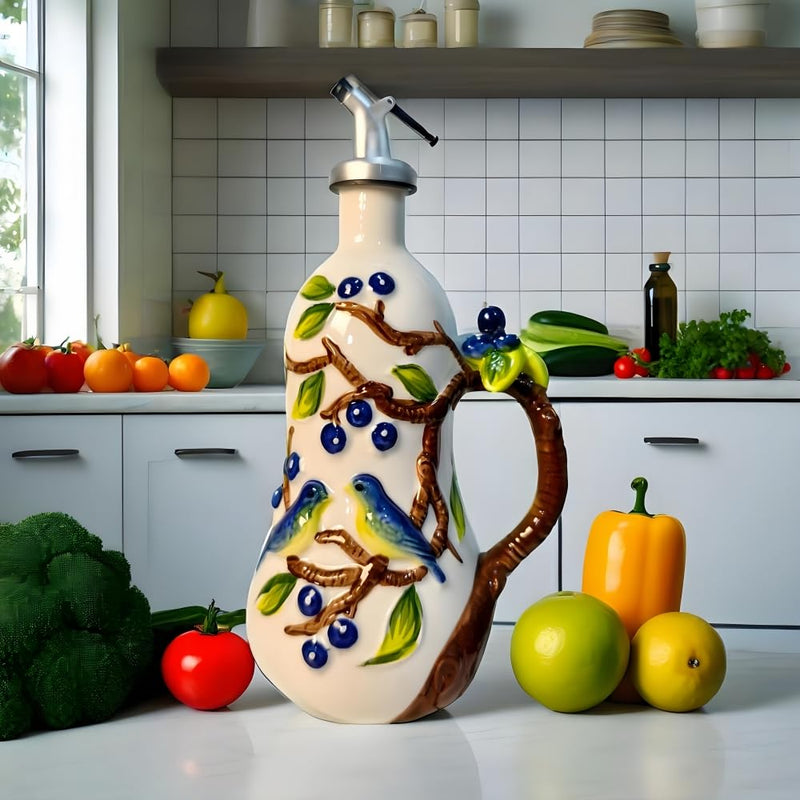 18.26oz/540ml Ceramic Olive Oil Dispenser Bottle,Hand Painted Reliefs Oil Dispenser for Kitchen,Oil Bottles for Kitchen (Blueberry) Blueberry