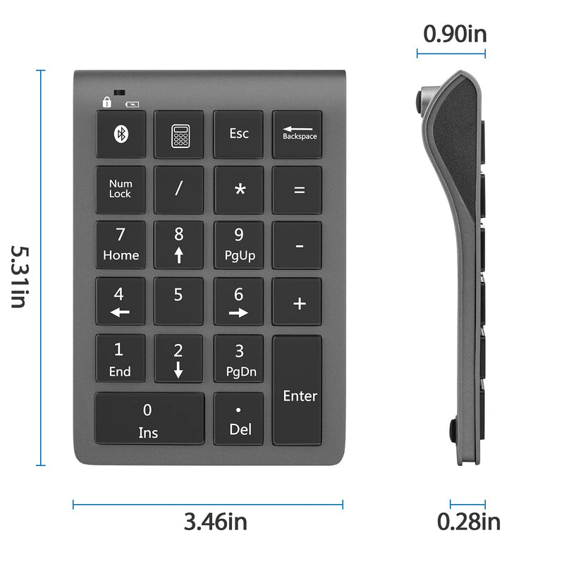 Foloda Wireless Bluetooth Number Pad: 22 Keys Wired Numeric Keypad, Rechargeable Financial Accounting 10 Keys Number Extensions USB-C Numpad for MacBook Pro Air, Laptop Desktop PC, Surface Pro Grey