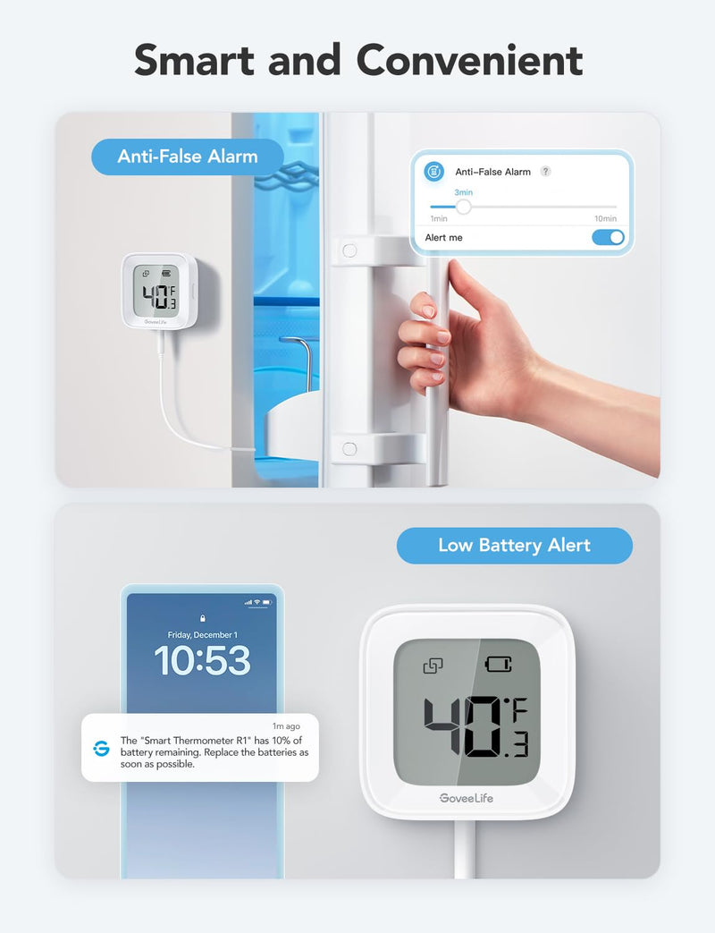 GoveeLife WiFi Refrigerator Thermometer with Alarm, Wireless Digital Freezer Temperature Gauge with App Control, LCD Display, 2 Years Free Data Export, for Fridge Hot Tub (Only Support 2.4G WiFi) 1 Gateway + 1 Sensor