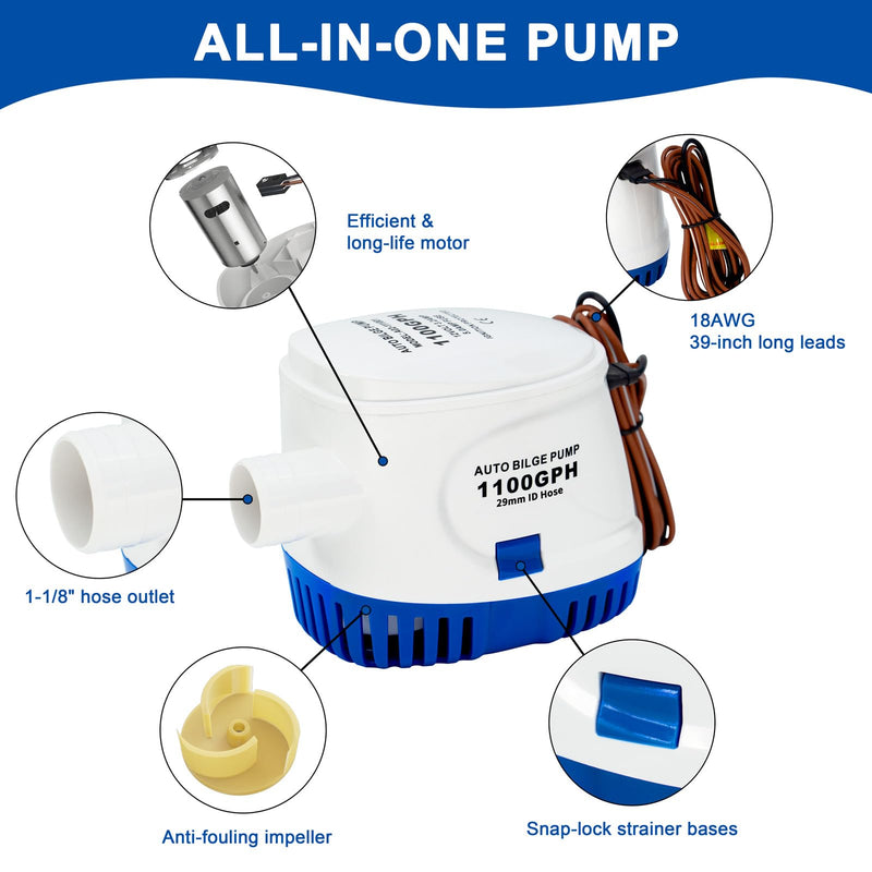 Sanuke 1100GPH Automatic Bilge Pump 12V, Submersible Auto Water Pump with Built-in Float Switch, 29mm (1-1/8") Outlet, Marine Bilge Pump for Boats, Ponds, Pools, Caravan RV | Self-operated Bilge Pumps for Boats, Built-in Float Switch, Low Noise, Electr...