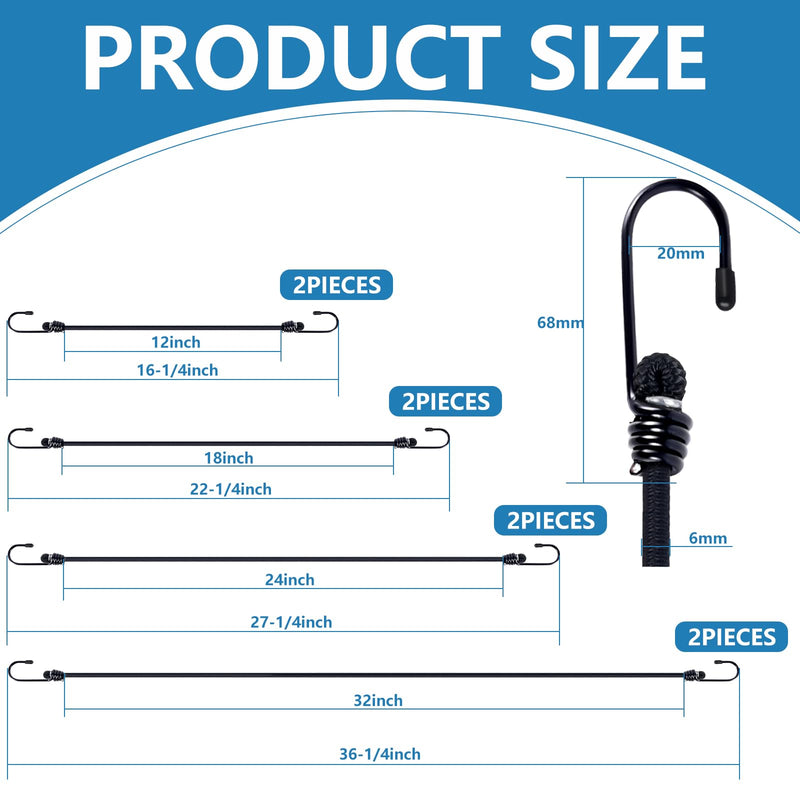 Bungee Cords with Hooks 8 Pack Bungee Cord Includes 12 inches, 18 inches, 24 inches, 36 inches for Bundling Items, Fixing Tarps, Tents, and Carrying Luggage 6MM 12" 18" 24" 36"
