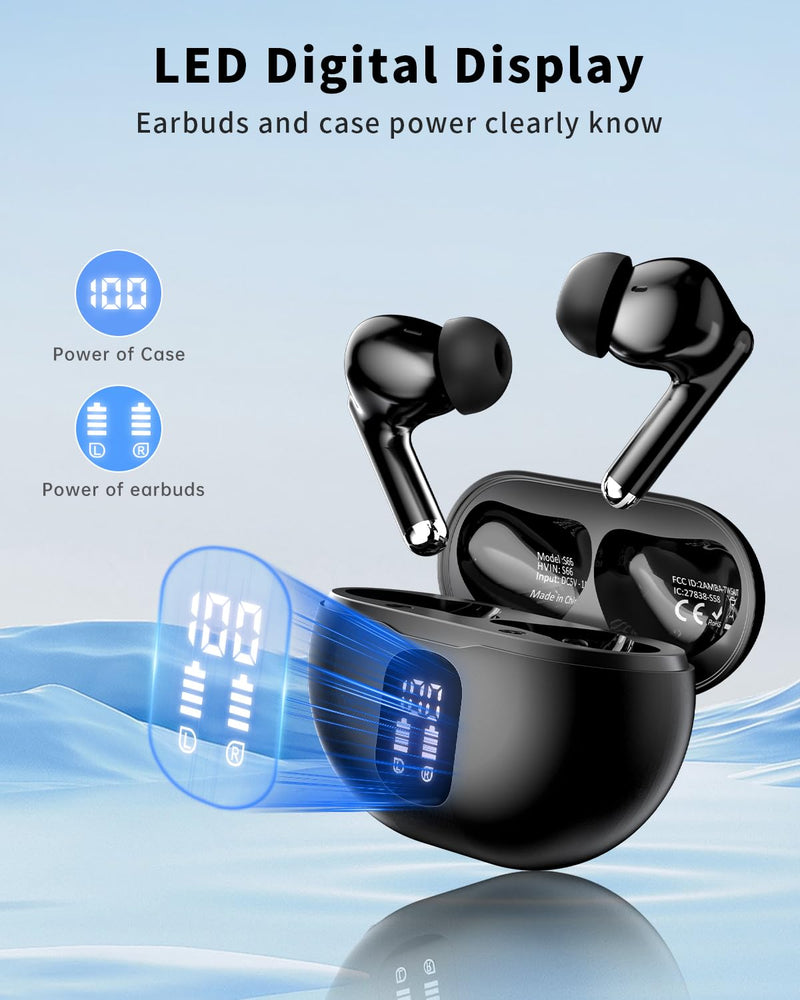 Wireless Earbuds, Bluetooth 5.4 Ear Buds Bass Stereo, Headphones with Noise Cancelling Mic, LED Display in Ear Earphones Clear Calls, IP7 Waterproof Bluetooth Earbuds for Phone/Android/iPad, Black Deep Black