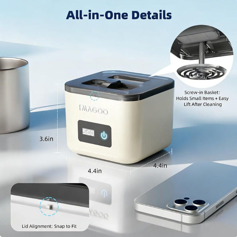 Ultrasonic Retainer Cleaner Machine, Denture Cleaner for Aligners Night Guards Braces Mouth Guards Toothbrush Heads，All-in-One Dental & Jewelry Cleaner, 45kHz 200ML, Dual Modes Ivory