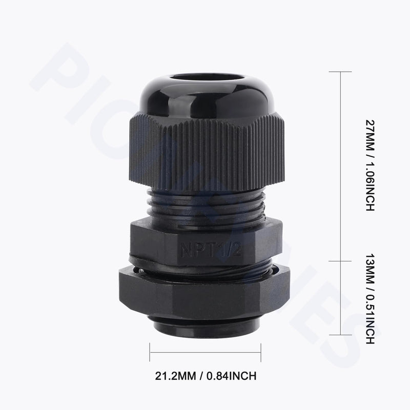 50PCS 1/2'' NPT Cable Gland Waterproof Adjustable 6-12mm/0.24-0.47inch Nylon Cable Glands Joints with Gaskets (1/2'', 50PCS) 1/2'' NPT 50pcs