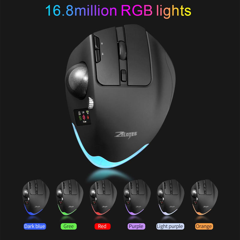 zelotes Wireless Trackball Mouse with Display,Ergonomic Bluetooth Mouse,Rechargeable,4800 DPI, 3-in-1(BT +2.4GHz USB Receiver+Type-C), 8 Programmable Buttons,LED Lighting,for Laptop, PC, Pad,Black