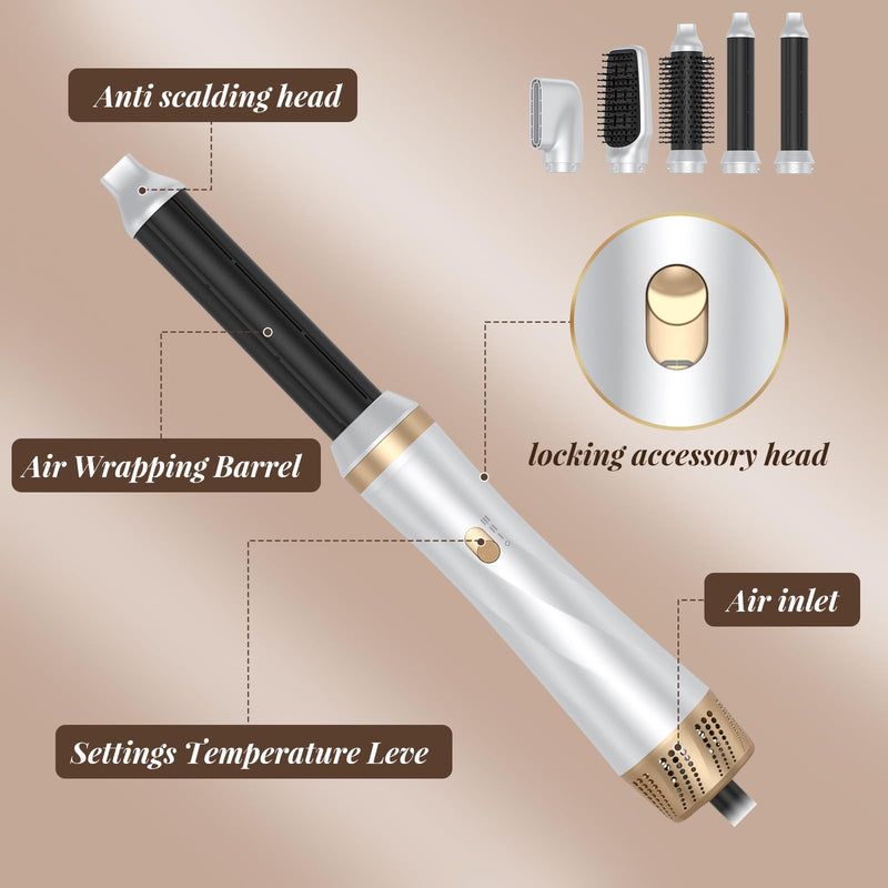 5 in 1 Air Styler, Magic Styler, 1000W Hair Styler with Auto Curling Wands, 2026 Upgraded Multi-use Ionic Hair Blow Dryer Brush Set for All Hair Type, 6,0000 RPM, Dry, Curl, Straighten Women Gifts White Gold-b