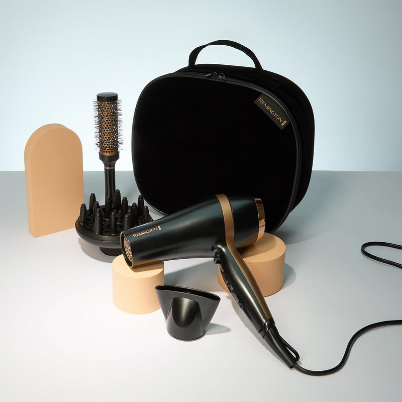 Remington Hair Dryer Gift Set, 2000W, Ceramic Ionic Grille, Black | Includes Concentrator, Diffuser, 3 Heat & 2 Speed Settings, Cool Shot, Premium Storage Bag, Round Brush