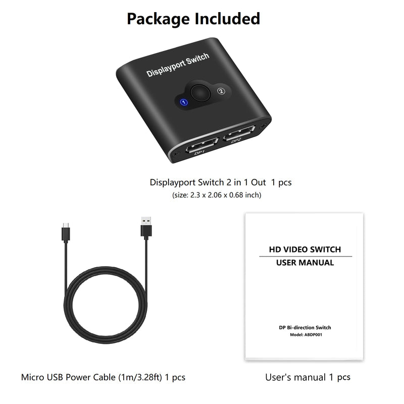 Bidirectional DisplayPort 1.2 Switch 2 in 1 Out,4K@120Hz/60Hz DP Selector Switcher Box with Micro USB Power Cable,2 Port DP Monitor Switch for PC,Laptop,Gaming Console,Monitor TV,Projector.