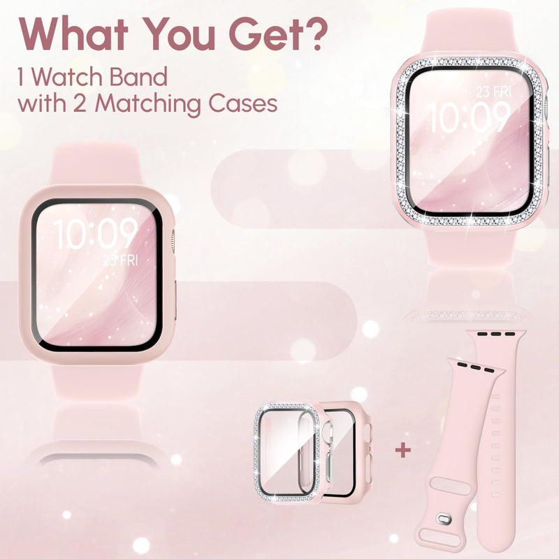 Compatible for Apple Watch Bands 40mm 41mm 44mm 45mm 42mm 46mm with Screen Protector Case Women, Silicone Strap Bling Diamond Protective Cover Tempered Glass for iWatch Series 10 9 8 7 6 5 4 3 11 SE Pink/Pink/Pink