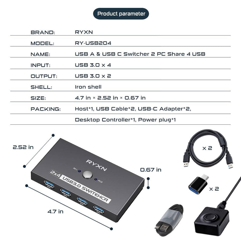 USB Switcher 2 Computers, USB C Switch 2 Computers Share 4 USB 3.0 Devices, with 1 Desktop Controller, 2 USB 3.0 Cables, 2 USB C Adapter