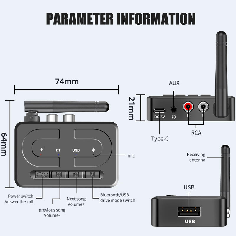 T89 Bluetooth Receiver for Home Stereo, RCA & 3.5mm AUX Out Put, USB Wireless Audio Adapter for Stereo Receiver&Amplifier, Low Latency HiFi Music Streaming