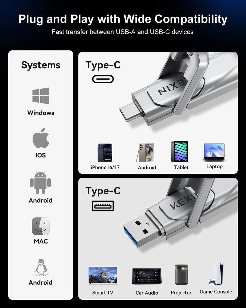 KEXIN 128GB Type C Solid State Drive up to 450MB/s USB 3.2 Gen 1 Dual USB A & USB C Flash Drive Metal for iPhone 15/16/17 Android Smartphone Tablet Game Console Windows Mac 128G silver