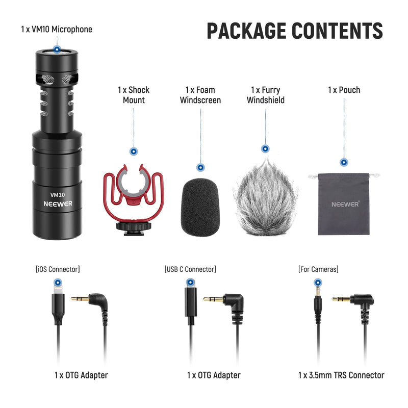 NEEWER Plug & Play Vlog Microphone for Camera, 20-20KHz Mini Supercardioid Mic Compatible with Sony Canon Nikon iPhone Samsung Android Tablet Mac with 3.5mm TRS USB C OTG Shock Mount Windscreen, VM10