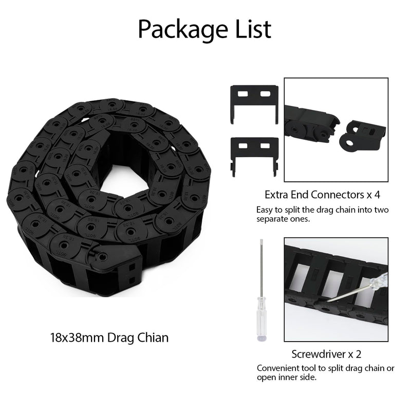 Pack of 2, R38 18mm x 38mm(Inner H x Inner W) Black Plastic Cable Wire Carrier Drag Chain 1M Length for CNC, with End Connectors - Bridge Type (Inner Side openable) 18*38A(2pc） Openable(Bridge Type)
