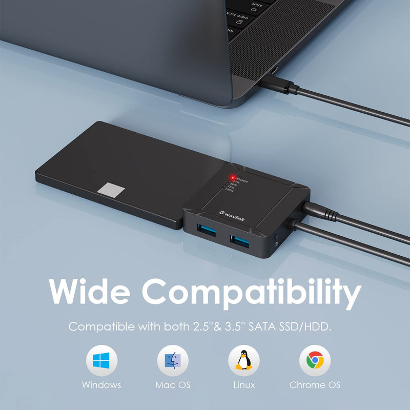 WAVLINK USB-C HDD Docking Station, Dual-Bay 2 USB 3.0 Ports & 12V/3A, 5Gbps | USB-C to SATA; 2.5/3.5" HDD/SSD; Offline Clone A to B; UASP/TRIM; USB Bus Power 5V SSD; 36TB Capacity; Hot-Swap; Plug & Play