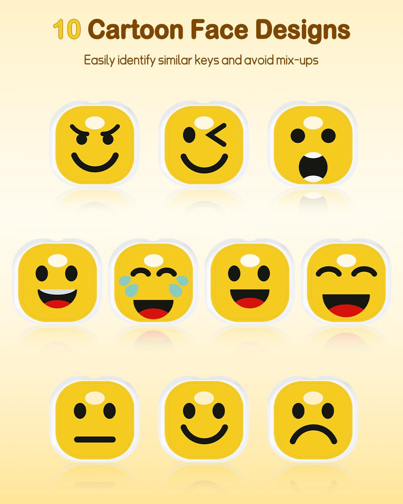 Uniclife 10 Key Covers Caps, 1" Stretchy Key Identifiers, Cartoon Faces | Durable key cover fit 0.9-1 in flat key heads for standard house keys, enables quick identification and key protection 10 Pcs