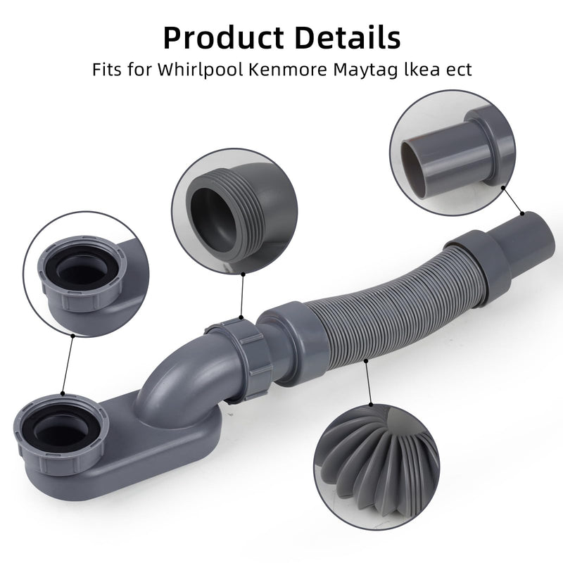 Flexible Freestanding Tub Drain Kit, Low Profile Flat P Trap for 1 1/2" Bathtub & Shower Drain Pipe, Easy Install, Fits Freestanding Bath Tubs, PVC Drain Hose Included One end gray thread