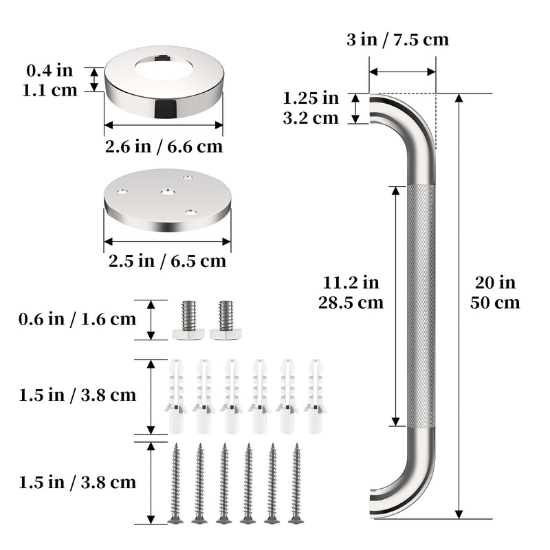 Shower Grab Bar 20 Inch, iHansee Chrome Bathroom Grab Bar w/Anti-Slip Knurled Grip - 1.25" Diameter, Stainless Steel Bath Safety Bars for Senior Elderly, Wall Mounted Toilet Bathtub Balance Handrail