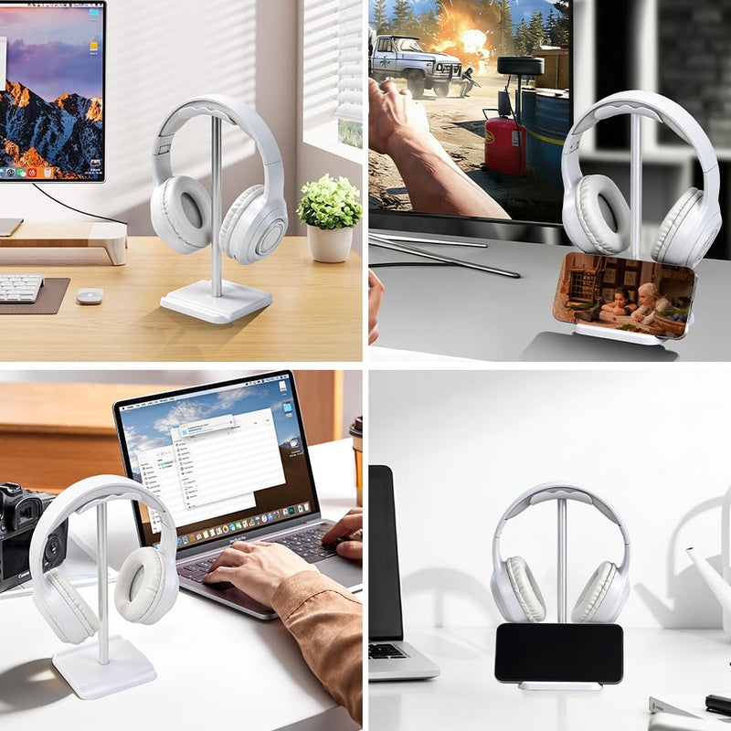 Headphone Stand for Desk, Headset & Earphone Holder with Phone Slot | Aluminum Pole, TPU-Padded Headrest, Anti-Slip ABS Base, Universal for Gaming & Office, Compatible with All Headphones White 1