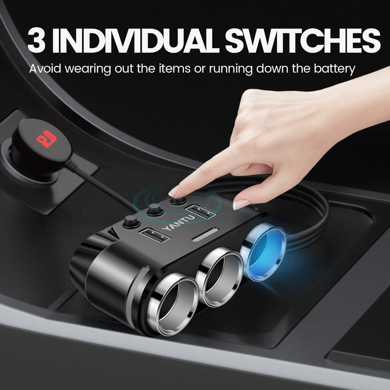 YANTU Cigarette Lighter Adapter & Splitter with 150W 3-Sockets & LED Ambient Lighting, Dual USB Fast Charging Car Outlet 12V, Car Cigarette Lighter Socket Plug Extension for Vehicles BLACK