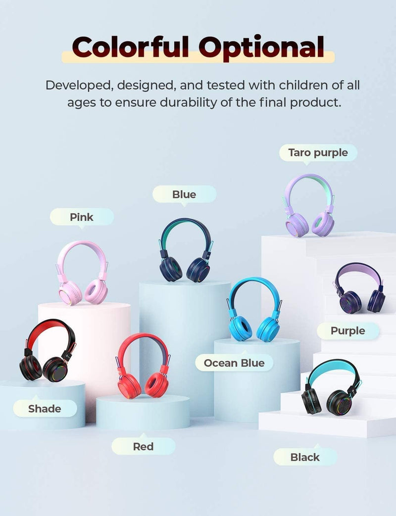 iClever Kids Bluetooth Headphones LED Light Up with Safe Volume, 25H Playtime, Stereo Sound Mic, Bluetooth 5.0, Foldable, On Ear Kids Wireless Headphones for Tablet/Airplane/Travel (Light Pink) Light Pink