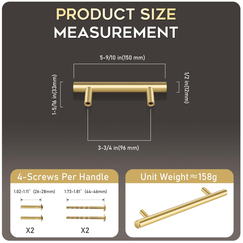 Yiking Soild Brass Cabinet Pulls Heavy Duty Real Brass Dresser Handle,Brushed Gold Drawer Knob Kitchen Cabinet Handles Modern Gold Hardware for Dressers Cupboards Furniture 4pcs 5-9/10in 4pcs 5-9/10" Brushed Gold