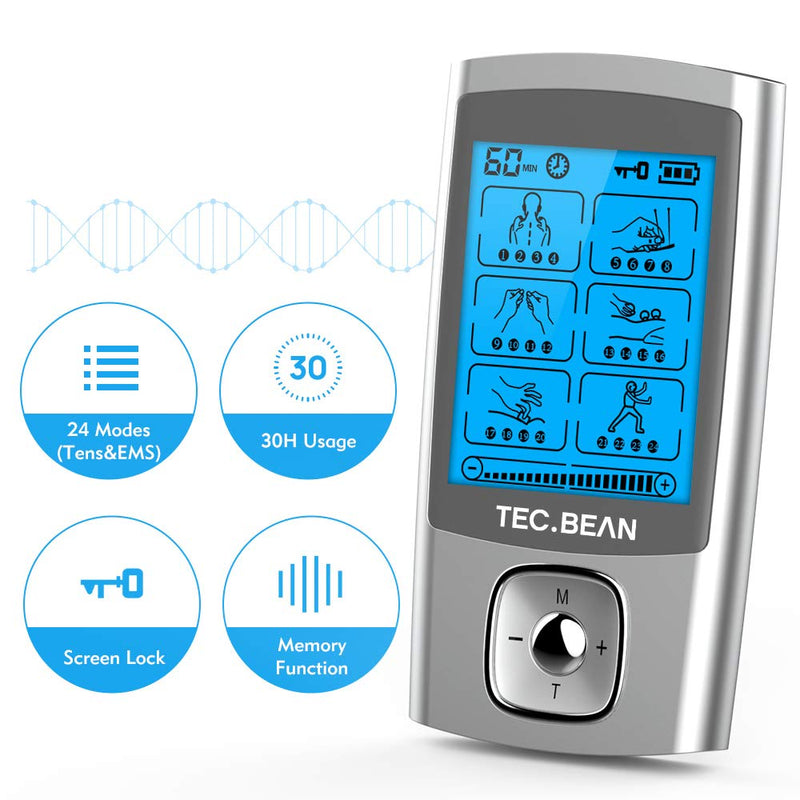 24 Modes Tens Unit Muscle Stimulator, Rechargeable Tens Machine with 8 Electrode Pads (American Gel), Electric Pulse Massager for Pain Relief Therapy(Silver) A-silvera