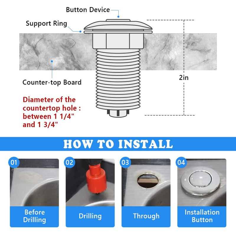 Garbage Disposal Switch, Cordless Air On Off Kit for Food Waste Disposer, Brushed Gold, LONG 3.5" Sink Top Push Button by CLEESINK LONG/3.5"