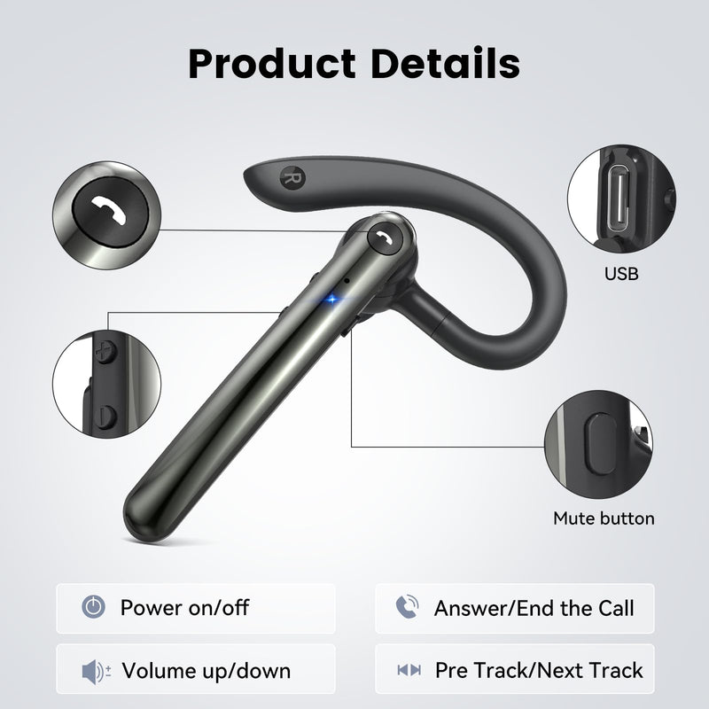 Bluetooth Headset, Wireless Bluetooth 5.4 Earpiece with 10Hrs Hands Free Talk Time, Single-Ear Headset with Noise Canceling Mic, Dual Pairing Headphones for Business/Office/Driving/Trucker/Android/iOS Black