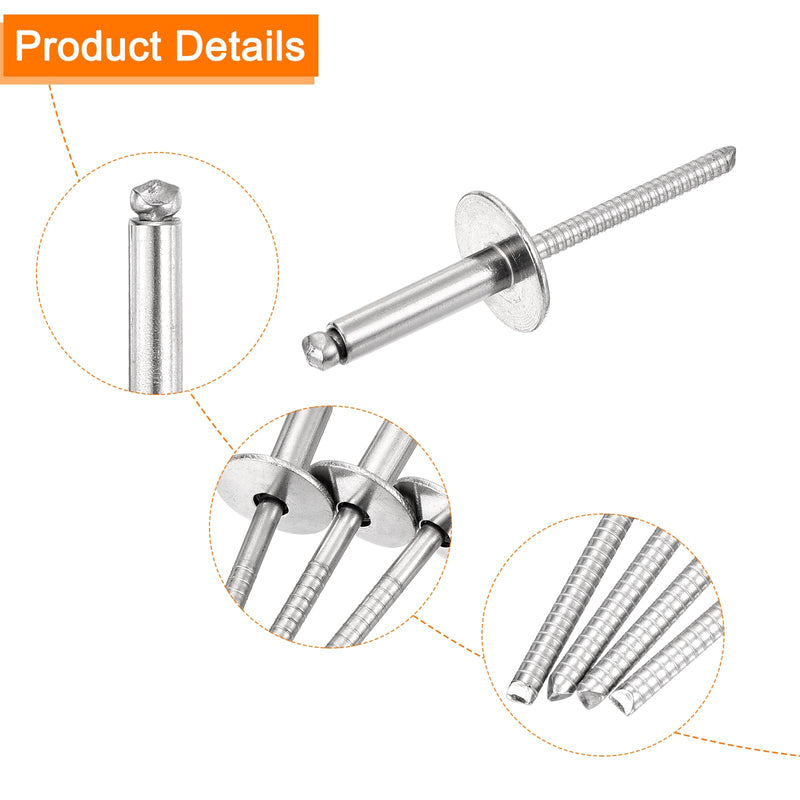 uxcell 100Pcs 3/16"x3/4" 304 Stainless Steel Large Flange Round Head Rivets, Large Cap Open End Blind Rivets for construction, automotive manufacturing, aerospace, shipbuilding (Silver) 3/16"x3/4"