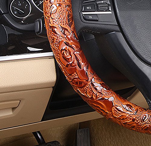 Leather Auto Car Steering Wheel Cover,Anti Slip Universal 15 Inch,Brown Crocodile with Rose Grain Brown