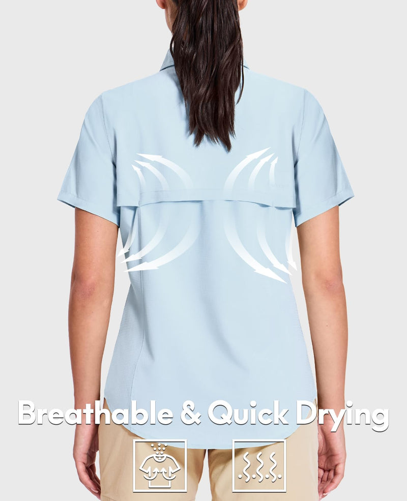 Haimont Women's UPF 50+ Sun Protection Button Down Fishing Hiking Travel Shirts Short Sleeve Quick Dry Shirt with Pockets Medium Light Blue