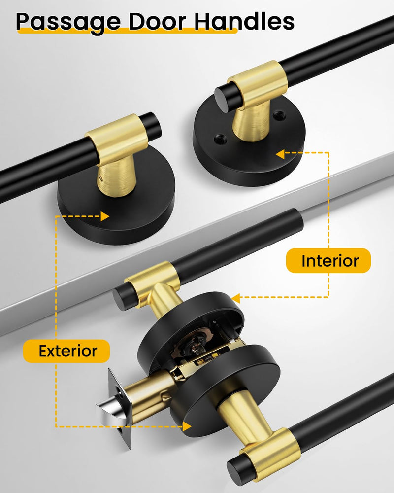 Goldenwarm 1 Pack Black and Gold Passage Door Handle, Matte Black Closet Door Handle, Black and Gold Interior Lever Door Handles for Hallway, Closet