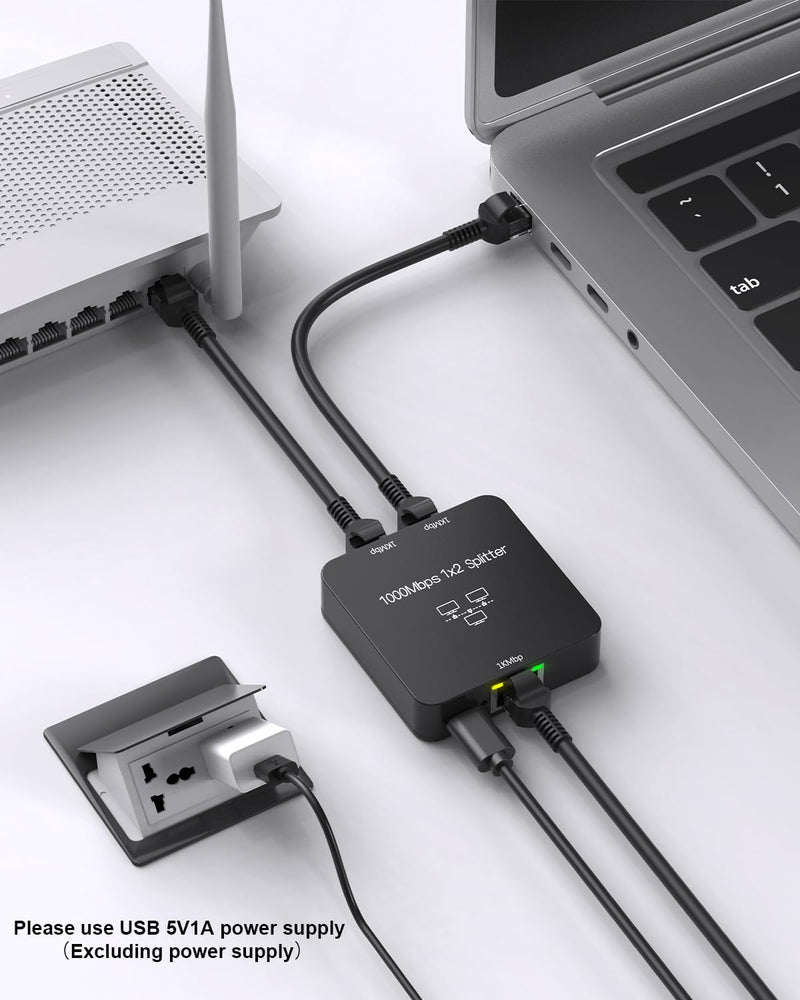 Ethernet Splitter 1 to 2 Out with Cat 6 Ethernet Cable, 1000Mbps High Speed, RJ45 Splitter, Gigabit Internet Splitter Connector for Cat 5/5e/6/7/8 Cable