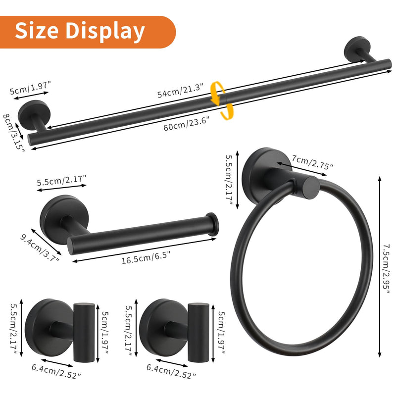 5-Piece Matte Black Bathroom Hardware Set, Towel Racks Set for Bathroom SUS304 Stainless Steel Toilet Paper Holder Wall Mounted, 24 Inch Modern Bathroom Accessories Kit A-24 Matte Black