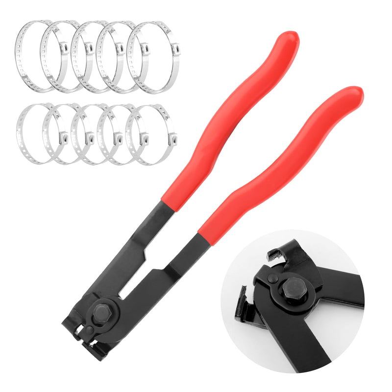 CV Boot Clamp Plier with 10PCS Stainless Steel Boot Clamps, Small and Large Stainless Steel Universal Adjustable Drive Shaft CV Crimp Clamp Collar Pliers for Most Cars