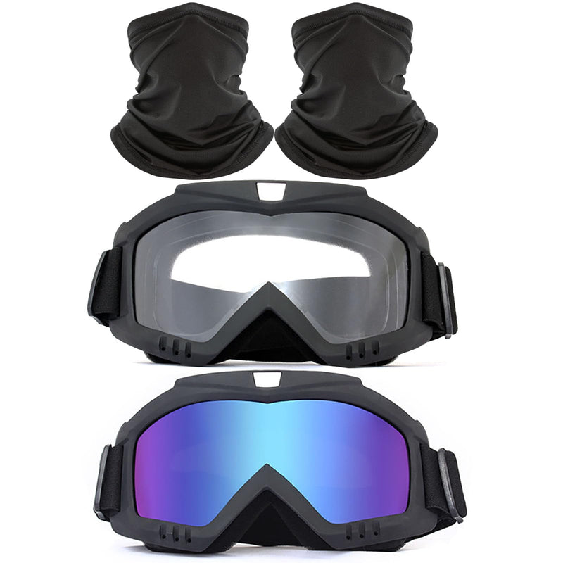 2Pcs Dirt Bike Goggles with Neck Gaiter, Motorcycle Goggles ATV Goggles Riding Ski Racing Goggles Windproof Black Colorful-Clear